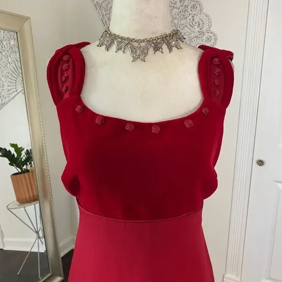 Liz Claiborne Early 2000's Whimsygoth Red Velvet Rose Bud Empire Prom Dress 8 M - Picture 3 of 7